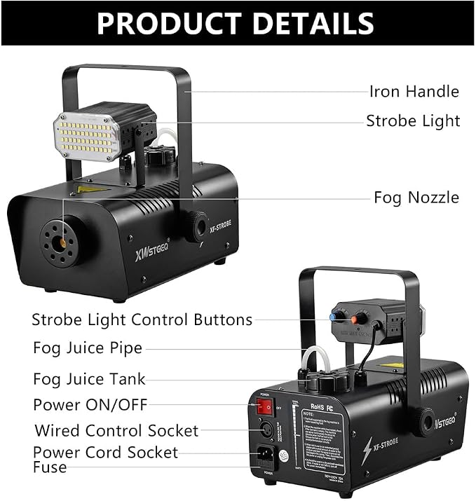 Fog Machine 1000W with Strobe Light, Wireless Remote, Perfect for Halloween, Parties, Concerts, and Events
