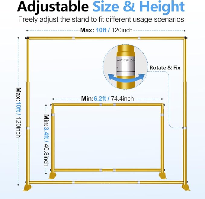 10 x 10FT Backdrop Banner Stand, Heavy Duty Adjustable Photo Background Support Frame Kit, Step and Repeat Stand for Photo Booth, Parties, Exhibition, Trade Show, Wedding - Gold