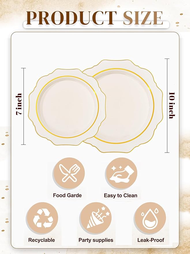 WDF 100PCS Ivory Plastic Plates with Gold Rim - Cream Plastic Plates - Include 50 Dinner & 50 Dessert Fancy Disposable Plate for Party - Heavy Duty Beige Plate for Baby Shower/Wedding/Mother's Day