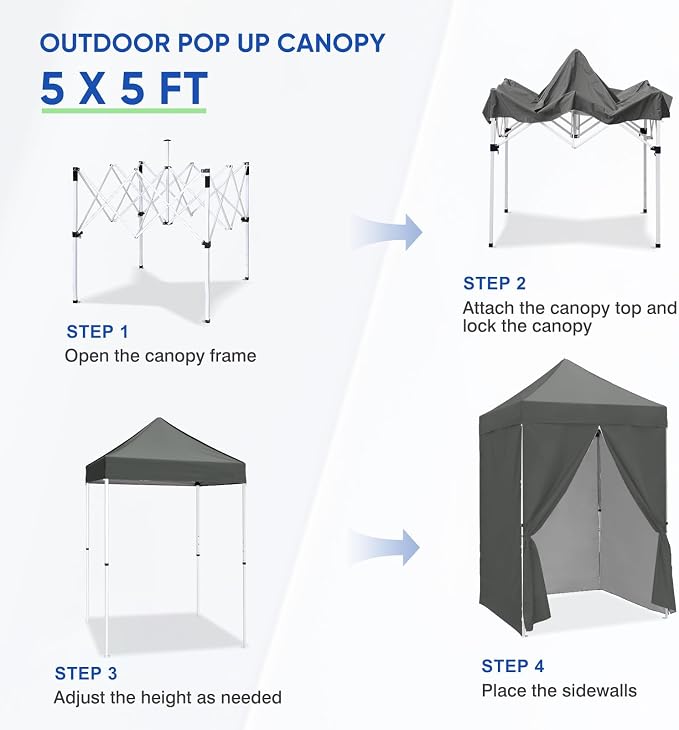 COOS BAY 5x5 Pop Up Canopy Tent with Side Walls, Easy Setup Portable Sun Shelter with Carry Bag, Outdoor Shade for Beach, Camping, Sports & Backyard, Gray