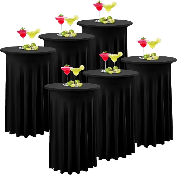 6 Pack Black Round High Top Tablecloths - 36x43 Inch, Wrinkle Free Stretch Spandex Highboy Cocktail Table Covers for Party Bar Wedding Banquet Baby Shower Birthday