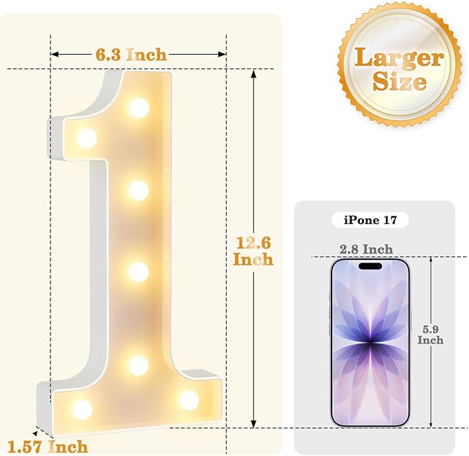12.6 Inch LED Marquee Light Up Numbers with Happy Birthday Music, Remote Birthday Number Lights as Gifts for Girls Women Men, Lighted Marquee Numbers for Table Party Decorations, Number 1