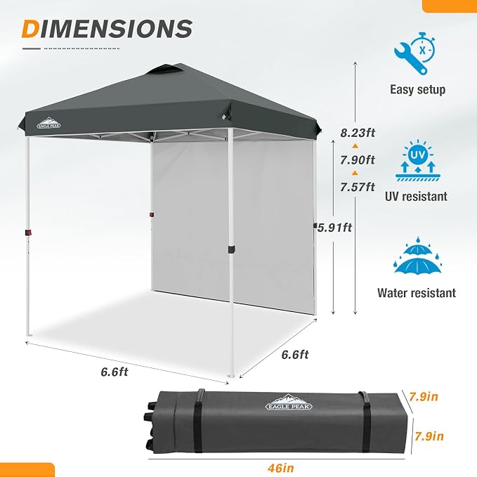 EAGLE PEAK Commercial Canopy 6.6x6.6 Pop Up Canopy Tent with 1 Sidewall, Easy Setup Heavy Duty Instant Event Shelter for Vendors & Markets, Outdoor Sun Shade, Gray