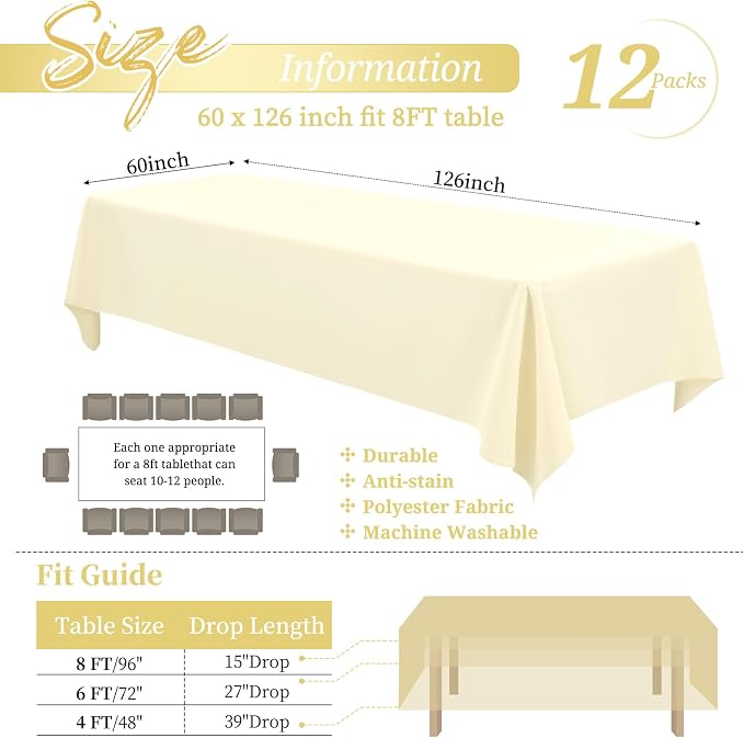 Showgeous 12 Pack Beige Rectangle Tablecloths, 60 x 126 Inch, Wrinkle Resistant, Washable Polyester, Perfect for 8 Foot Tables, Weddings, Parties, Banquets