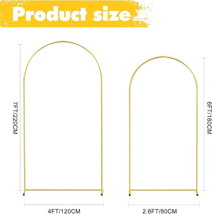 Gold Metal Wedding Arch Backdrop Stands Set of 2 (7.2FT & 6FT), Metal Square Balloon Arch Frame for Birthday Party, Ceremony, Baby Shower