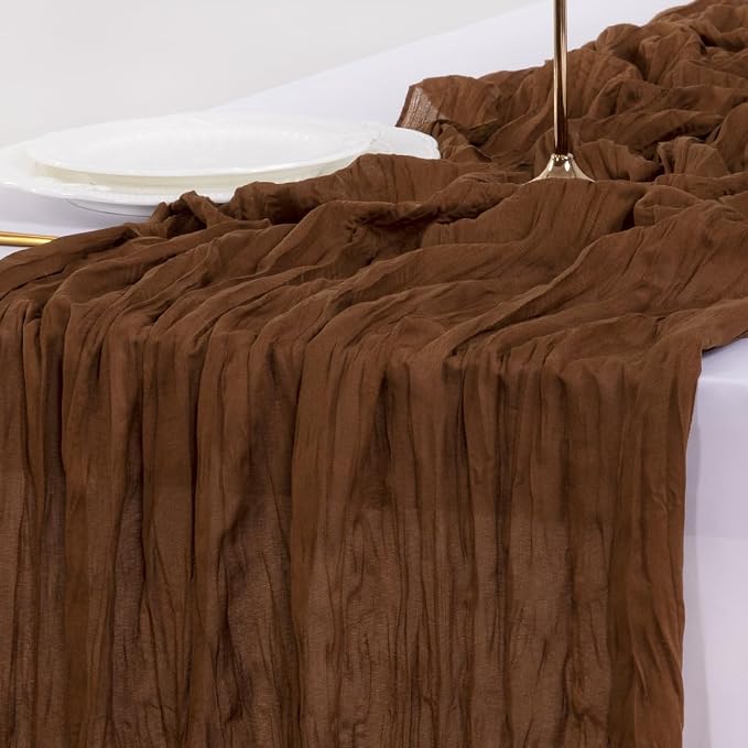 Socomi 10pcs Brown Coffee Cheesecloth Table Runner Boho Rustic Gauze 120 inch 10FT Cheese Cloth Sheer Runner for Wedding Party Baby Shower Birthday Home Decor Holiday Decorations