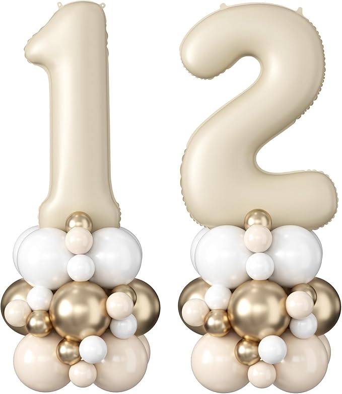 Beige Number 12 Balloons 40 Inch Cream 12th Birthday Party Decorations Neutral Nude White Sand Number 21 Foil Balloon Tower Giant Large Digit Helium Balloon for Girls Boys Women Men 21st Anniversary