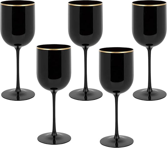 PLASTICPRO Black Wine Cup with Gold rim Plastic Wine Glasses Set of 5 Elegant Wine Goblets Hard Plastic Wine Cups on Stem 12 Ounce