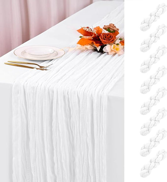8 Pack White Cheesecloth Table Runner 120 Inch 10FT Boho Rustic Sheer Gauze Cheese Cloth Table Runner for Wedding Baby Shower Birthday Party Table Decor