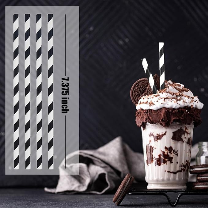 ALINK Black Paper Straws - 100 pcs Biodegradable Black and White Striped Drinking Straws for Party Decorations, Weddings, Birthdays, Baby Showers, Events and Crafts, Compostable Straws, 7.75" x 0.24"