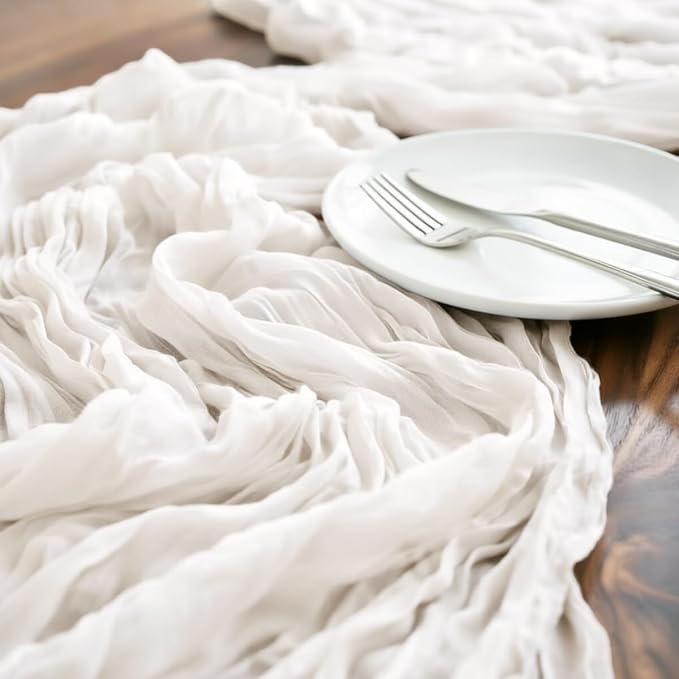 LINXTAR Ivory Cheesecloth Table Runner 120 Inches 10Ft Gauze Summer Boho Table Runner for Wedding Tea Party Baby Shower Bridal Birthday Home Decoration