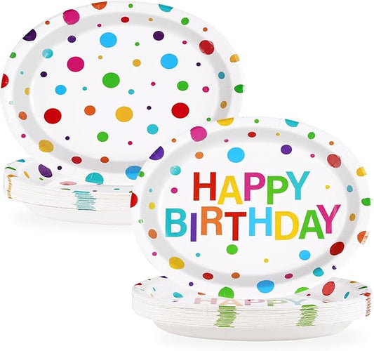 100Pcs Happy Birthday Oval Paper Plates 10" x 12" Large Disposable Heavy Duty Rainbow Colorful Dots Platters Plates Happy Birthday Party Decorations for Baby Shower Dinner Lunch Pastel Party Supplies