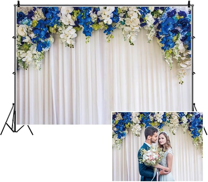 10x6.5ft Floral Wedding Backdrop Blue White Flowers Curtain Photography Background for Wedding Ceremony Bridal Shower Valentine's Day Birthday Party Decoration Portrait Photo Studio Props