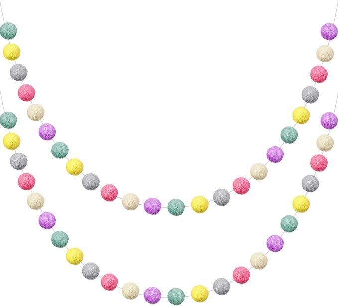 WILLBOND 2 Pieces Wool Felt Rainbow Ball Garland Colorful Pom Pom 6.5 ft Long 24 Ball Garland for Easter Mardi Gras Classroom Halloween Thanksgiving Xmas (Novel Colors)