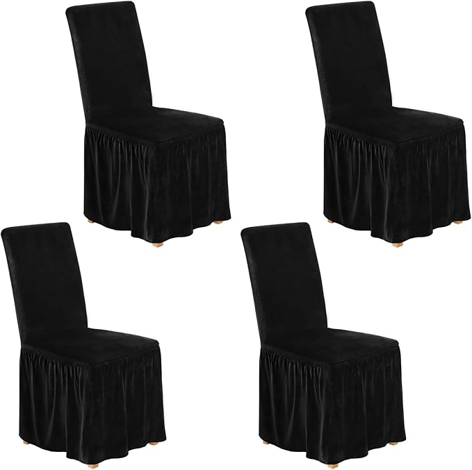 NICEEC Spandex Chair Covers for Dining Chairs Covers Set of 4 Removable Dining Room Chair Covers with Skirt Parson Chair Slipcovers Washable Chair Protector for Kitchen Wedding Party Banquet(Black)