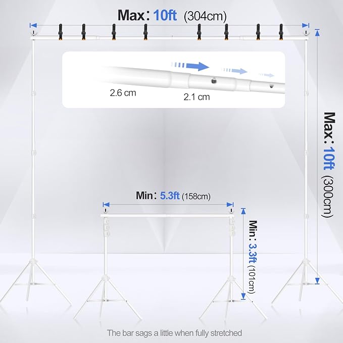 EMART Backdrop Stand 10x10ft(WxH) Photo Studio Adjustable Background Stand Support kit with 2 Crossbars, 8 Clamps, 2 Sandbags and Carry Bag for Parties, Events Decoration, Wedding, Photography -White