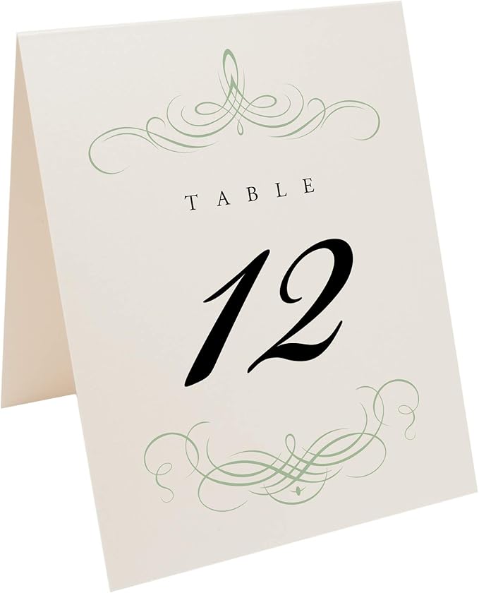 Decadent Flourish Wedding Table Numbers (Select Color/Quantity), Champagne, Sage, 1-50, Double Sided, Tent or Use in a Stand, Great for Parties & Restaurants - Made in the USA