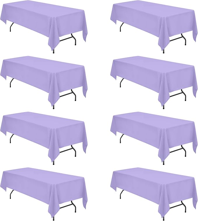 BRILLMAX 8 Pack Lavender Tablecloths 60 x 126 Inch for 8ft Rectangle Tables - 150 GSM Polyester Fabric, 15" Standard Drop, Water, Stain & Wrinkle Resistant Cloth Cover for Wedding Dining Buffet