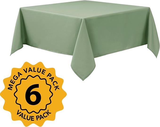 6-Pack Sage Green Tablecloths for Square Tables, 54 x 54 Inches, Stain-Resistant Polyester Fabric for 2 Foot Tables - Washable Table Covers for Weddings, Banquets, Birthday Parties, Events