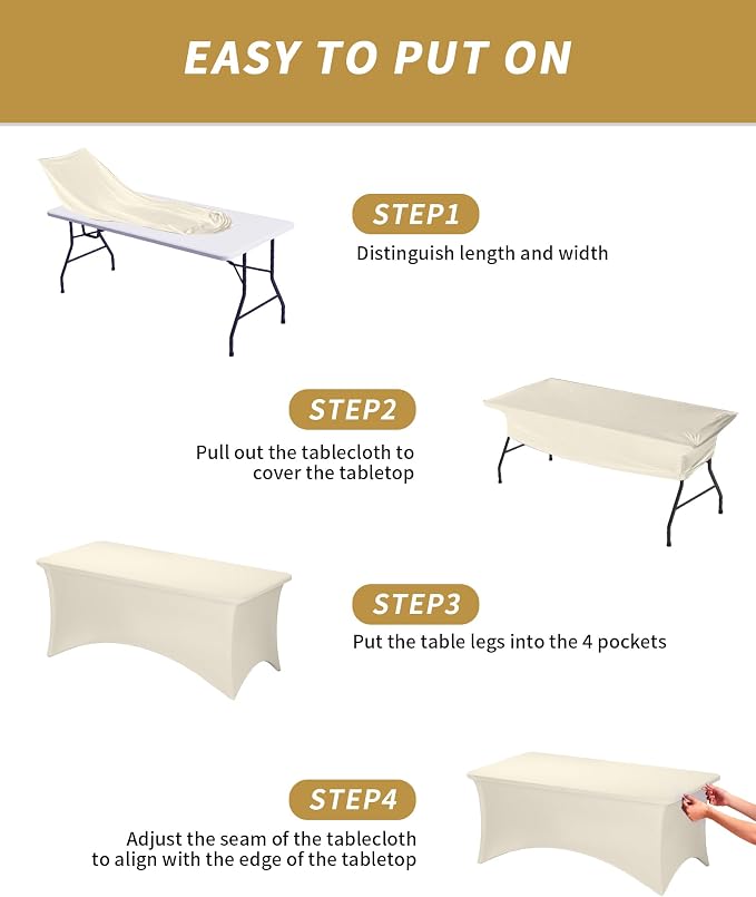 Fixwal Ivory Tablecloths for 8 Foot Rectangle Tables, 2 Pack Spandex Stretch Fitted Table Covers for Party, Trade Show, Banquet, Wedding, Buffet