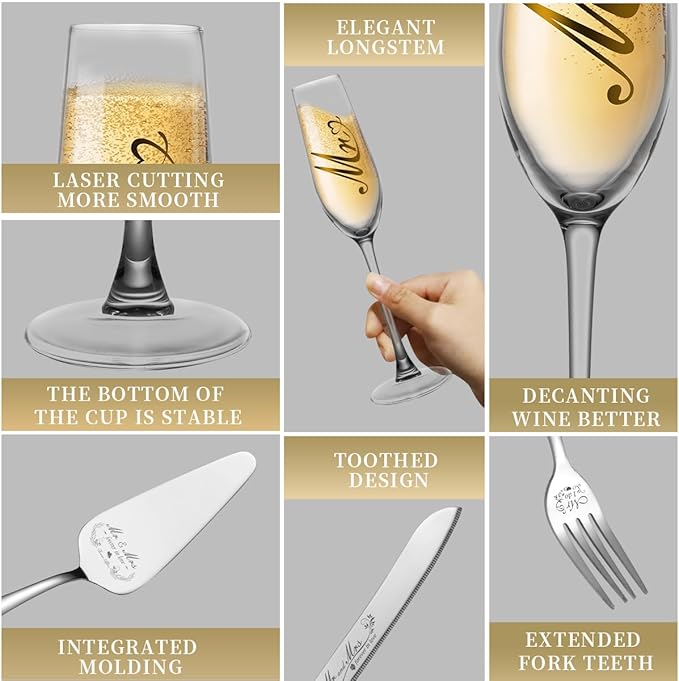 Mr and Mrs Champagne Flutes, Wedding Cake Knife and Server Set, Bride and Groom Champagne Glasses, Cake Cutting Set for Wedding, Bridal Shower Gifts, Engagement Gifts for Couples (Gold, Set of 4)