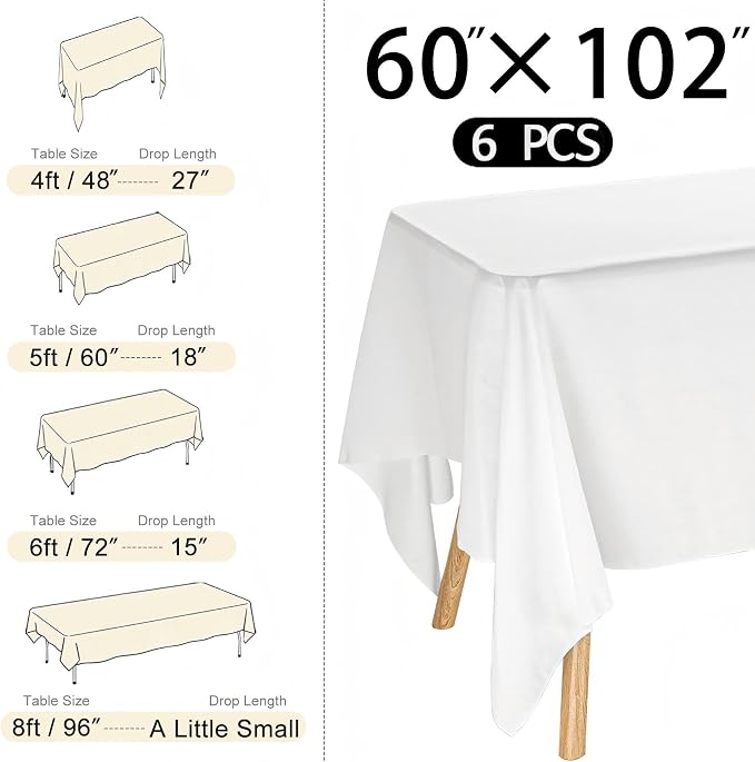 6 Pack Rectangle White Table Cloth Bulk Washable Polyester Table Cover for Wedding Dining Table Buffet Parties Banquet Decoration（60x102Inch, White）
