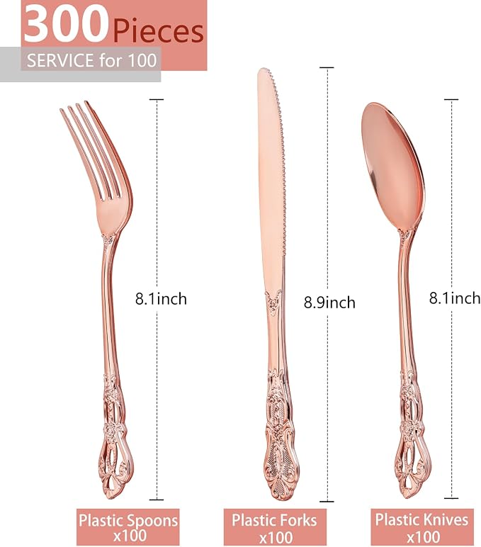 150PCS Rose Gold Plastic Silverware - Heavy Duty Elegant Disposable Utensils - Vintage Rose Gold Cutlery Set Includes 50Forks, 50Spoons, 50Knives for Dinner Parties Weddings