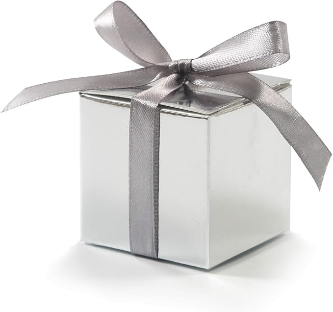 KPOSIYA 70 Pack Favor Boxes 2x2x2 inch Candy Boxes Silver Gift Boxes with Ribbons for Wedding Baby Shower Decorations Birthday Party Supplies