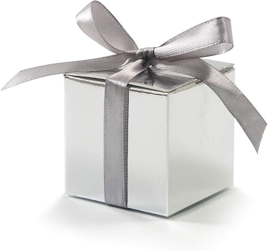 KPOSIYA 70 Pack Favor Boxes 2x2x2 inch Candy Boxes Silver Gift Boxes with Ribbons for Wedding Baby Shower Decorations Birthday Party Supplies