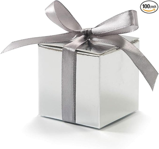 KPOSIYA 100 Pack Favor Boxes 2x2x2 inch Candy Boxes Silver Gift Boxes with Ribbons for Wedding Baby Shower Decorations Birthday Party Supplies