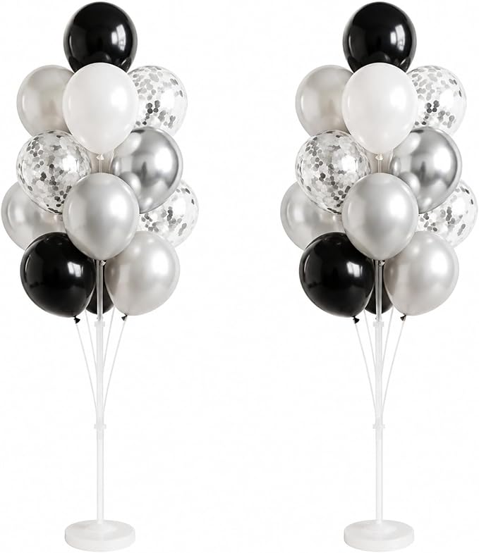 Balloon Column Stand Kit,2 Sets of Assorted Rainbow Balloon Tower Pillar with 10inch Bright Color baloon Reusable Design for Grirls Party,Birthday, Wedding,Baby Shower (Black Silver)