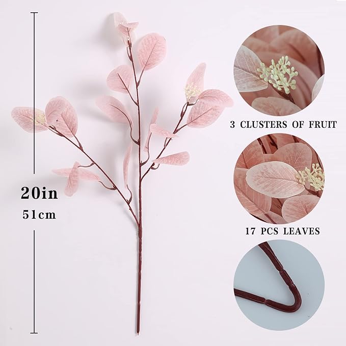 dallisten 20" Silk Artificial Eucalyptus Stems, 12 Pcs Fake Eucalyptus Stem with Leaves Berries, Greenery Plants Floral Decorations for Wedding Party Home Flowers Arrangement Boho Decor (Blush)