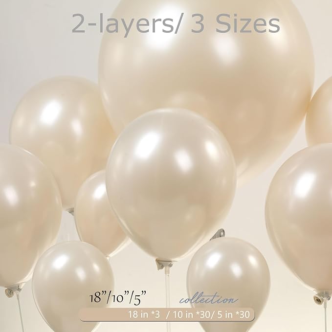 Kozee Pearl White Double-Stuffed Balloons different sizes 63pcs18/10/5 inch 2layer pearl white sand balloon Garland kit For bridge to be Wedding women Birthday baby shower anniversary decorations