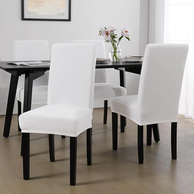 MOSAYT Velvet Stretch Chair Covers for Dining Room Set of 2 - Soft Slipcovers with Thick Removable Fabric for Parsons Chairs, Washable Seat Protectors for Kitchen, Banquet & Home Decor, White