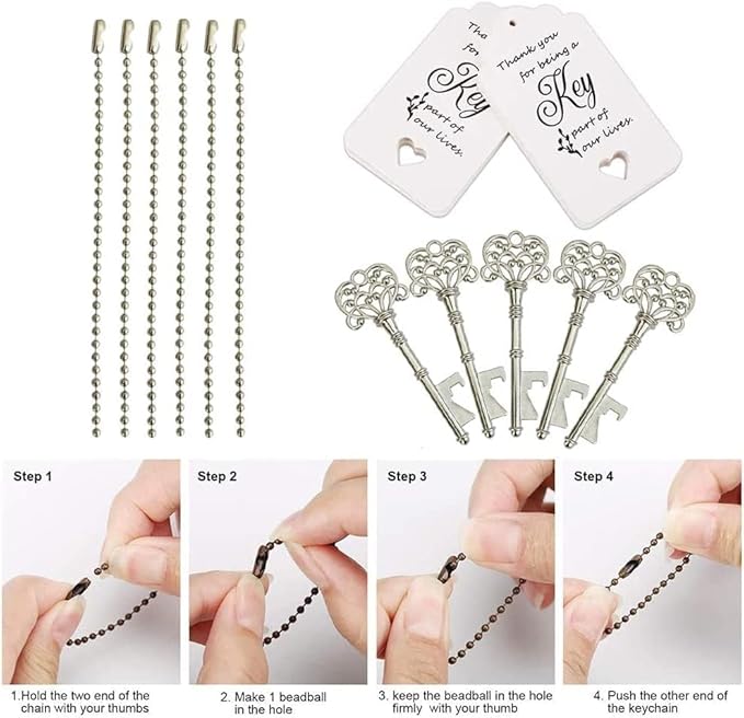 100 PCS Wedding Favors Bottle Opener,Wedding Gifts for Guest Vintage Skeleton Key Opener,Key Openers with Escort Tag Cards and Chains (Silver)