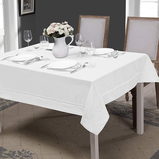 Simple&Opulence Premium 100% Linen Hemstitch Tablecloth-60 x 104 Inch White, Natural Fabric, Rectangular Tablecloth for Indoor and Outdoor Use