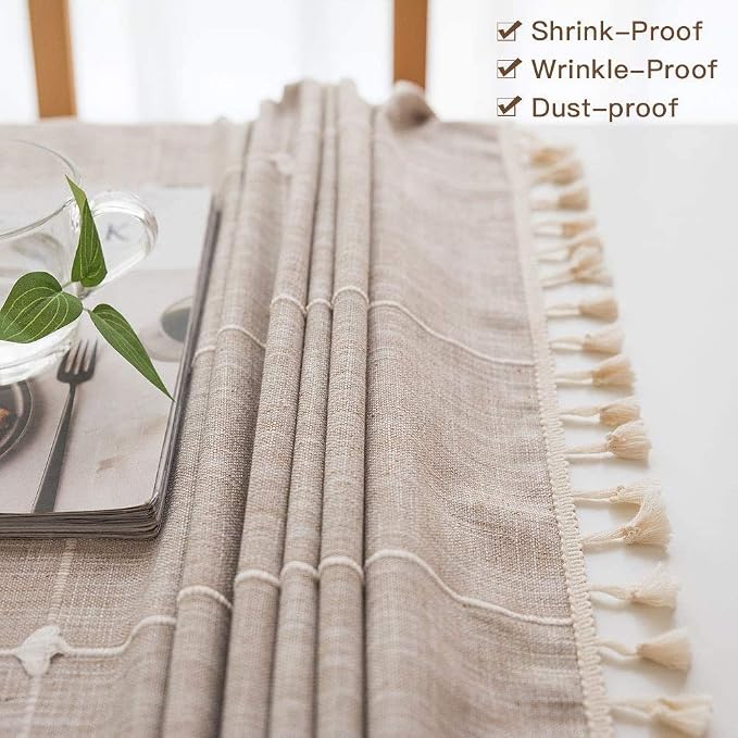Deep Dream Tablecloths, Embroidered Waterproof Table Cloth Cotton Linen Wrinkle Free Anti-Fading Table Cover Decoration for Kitchen Dinning Party Christmas, 55 x 140 Inch - Light Brown