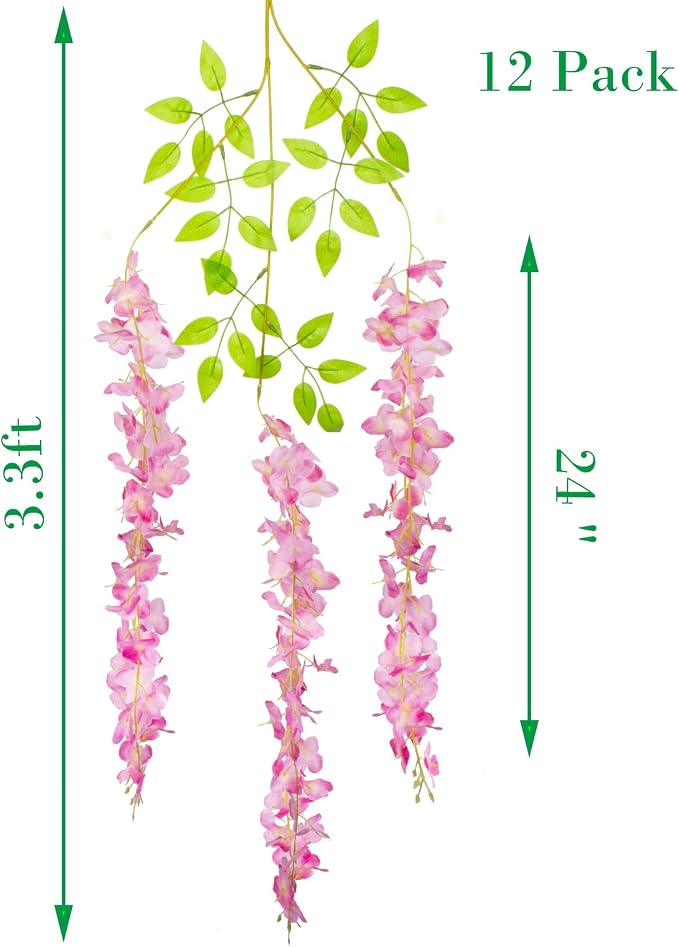 AITISOR 12 Pack Artificial Flowers Silk Wisteria Vine Ratta Hanging Flower (Deep Pink)