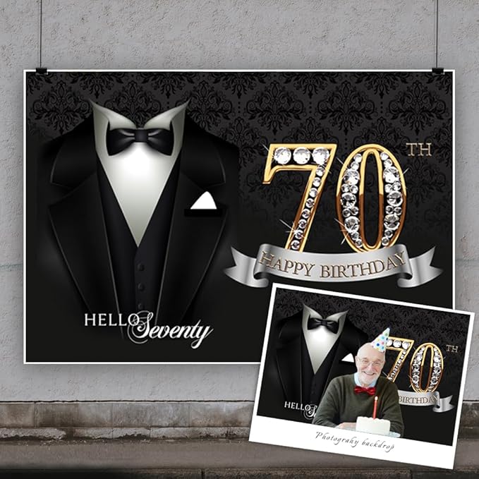 6x4ft Men 70th Birthday Backdrop Black Necktie Suit Tuxedo Diamonds Gold 70th Happy Birthday Photography Background Father Grandpa Hello Seventy Birthday Party Decor Cake Table Banner