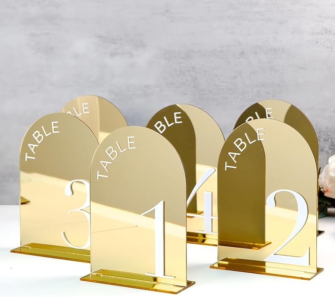 Gold Mirror Arch Table Numbers 1-20 with Stand, 20 Pack 5x7 Inch Gold Acrylic Signs with White Numbers, 3D Arched Acrylic Table Numbers 1-20 for Wedding Reception