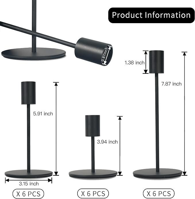 Black Candlestick Holders Bulk for Taper Candles Decorative Metal Candelabra Candle Holders Fit 0.8 Inch Diameter Candles Gold Taper Candle Stands for Wedding Home Party Table Decor (Set of 18)
