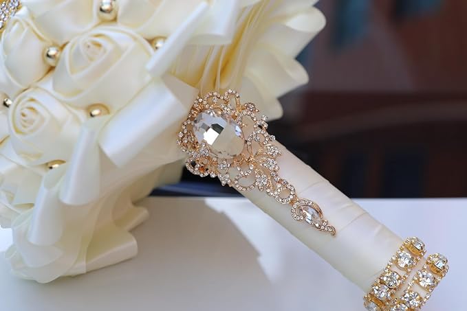 Ivory Wedding Bridal Bouquet with Gold Brooch Bling Rhinestone Pearl Satin Rose Flower Bouquet for Bride Bridesmaid Quinceanera Wedding Ivory 9.5in