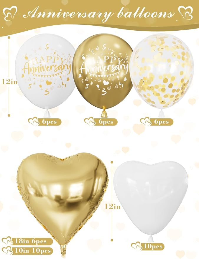 Happy Anniversary Decorations, Gold and White Romantic Balloons Set with Love & Heart Foil Balloons, Happy Anniversary Balloons Banner and Silk Rose Petals for Valentine’s Day & Sweetest Day