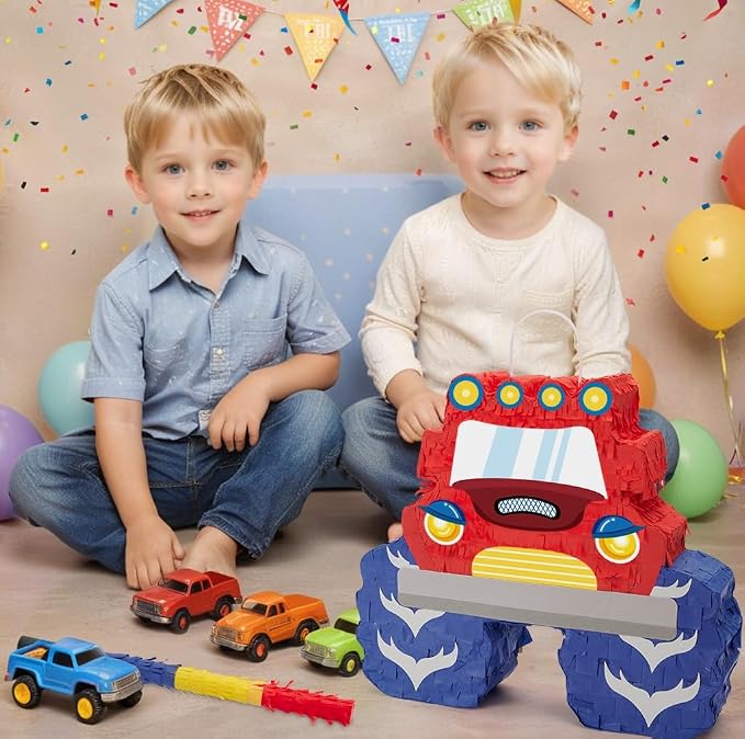 WERNNSAI Truck Piñata - Monster Truck Piñata Bundle with Blindfold and Bat for Boys Kids Theme Party Decoration Supplies Cool Car for Birthday Party Carnival Celebration Game