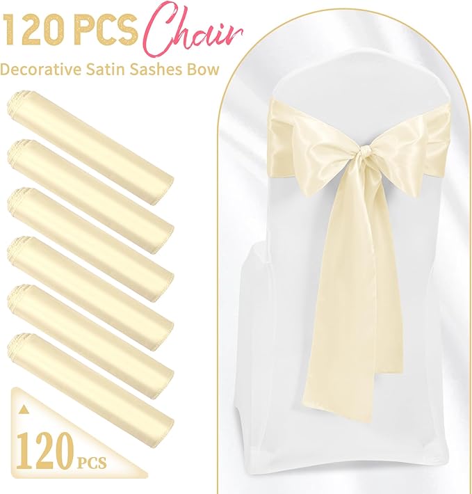120 PCS Ivory Satin Chair Sashes, Ties Bows Designed Chairs Decorative, Chair Cover Sashes for Thanksgiving Wedding Christmas Banquet Party Home Kitchen Decoration (7 x 108 inch)