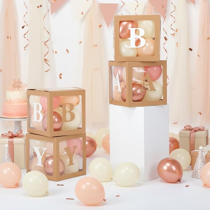 Zhanmai baby Boxes for Bear Baby Shower Decoration with 4 Letters 36 Balloons 4 Transparent Clear Balloon Box Blocks for Boy Girl Gender Reveal Party Favors(Rose Gold,Pink,Apricot,Ivory)
