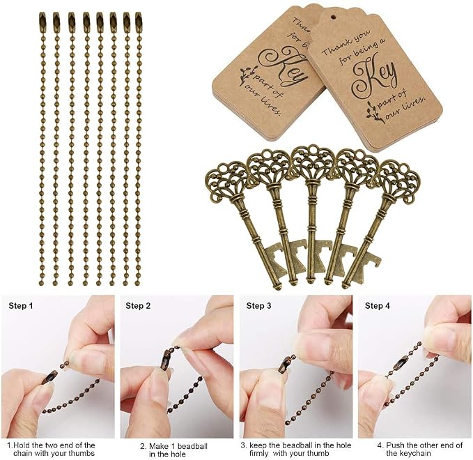 100 PCS Key Bottle Openers,Vintage Skeleton Key Bottle Opener with Escort Card Tag and Key Chains, Rustic Decoration for Wedding Favors,Return Gifts for Housewarming(Bronze)