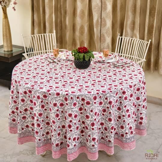 Ridhi Round Tablecloth Hand Block Print 100% Cotton Reusable Sangria Red 132 Inch Table Cover Decorative Everyday Use for Dining, Home, Party, Wedding, Farmhouse, Party Gift for Spring, Mother's Day