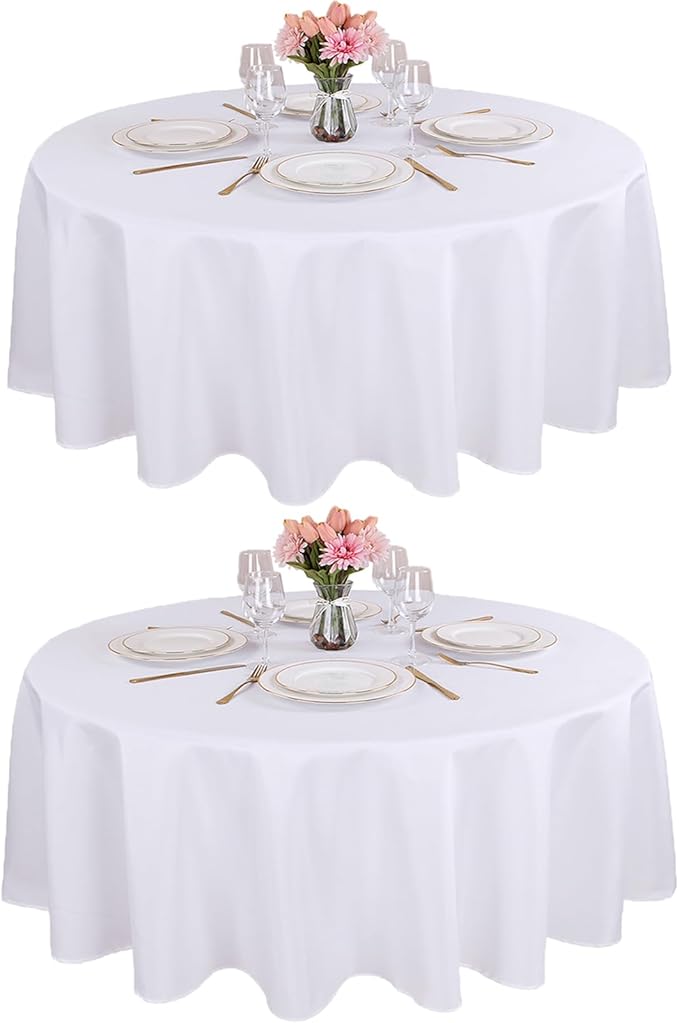 Kesfey 120 Inchs White Round Table Cloths 2 Packs Wrinkle Resistant Polyester Tablecloth Washable Banquet Tablecovers splashproof High Density Table Covers Fabric Tablecloths for Wedding Birthday