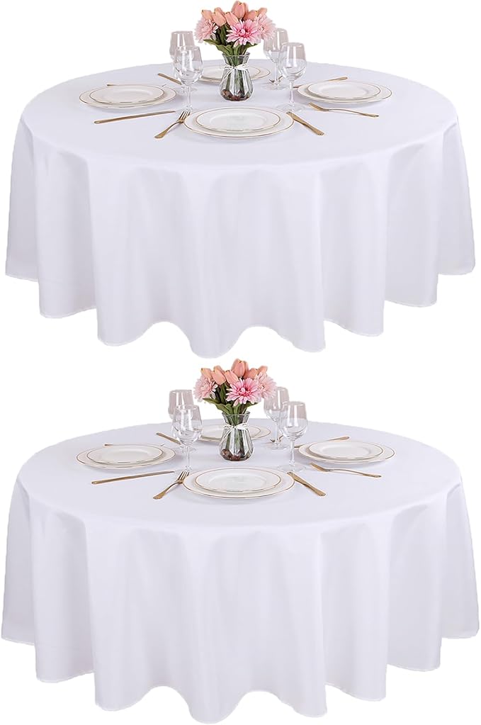Kesfey 90 Inch Round Table Cloths White 2 Packs Stain and Wrinkle Polyester Tablecloths Washable High Density Tablecovers Fabric Table Covers for Wedding Celebration Buffet Camping Banquet Parties